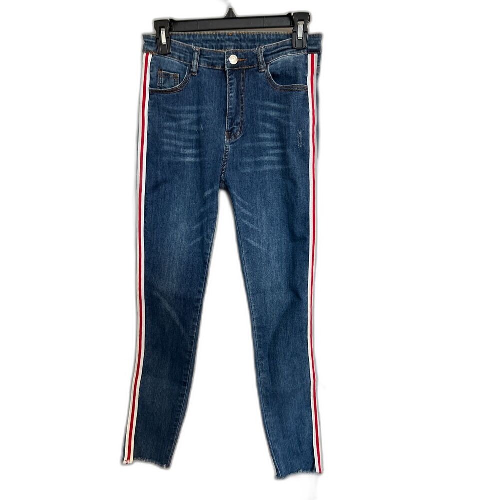Shein Red Side Stripe Dark Patriotic Skinny High Waisted Jeans Women's Sz Medium